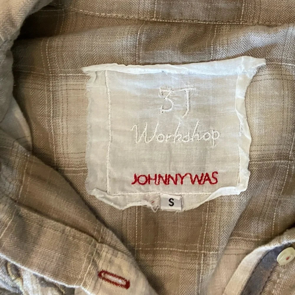 Johnny Was Embroidered Cotton Button Up Top, Saddle Brown & Beige Plaid, Sz Sml - Picture 3 of 7
